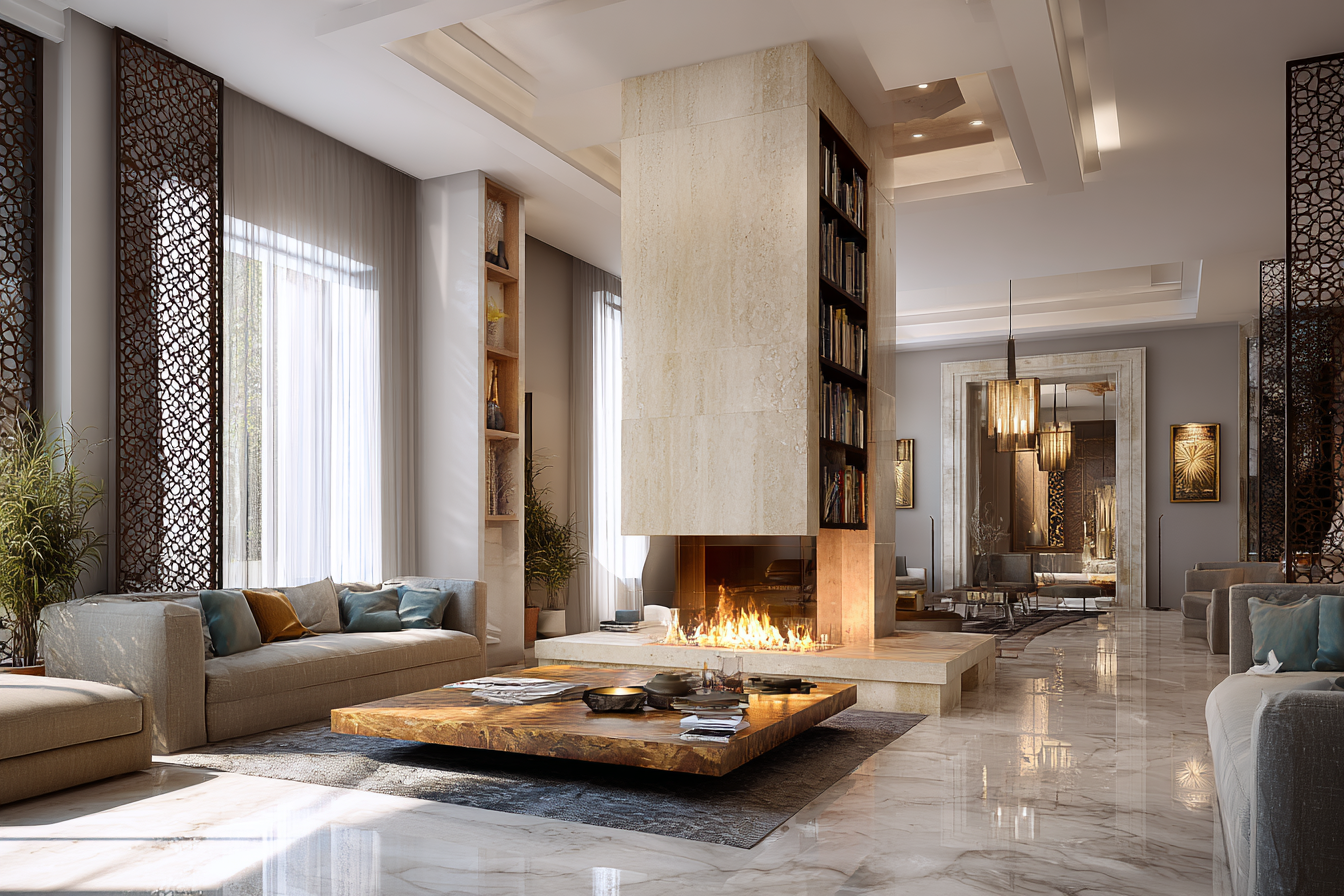 A minimalist living room with clean lines and a calming neutral palette, epitomizing modern design and creating a serene atmosphere.