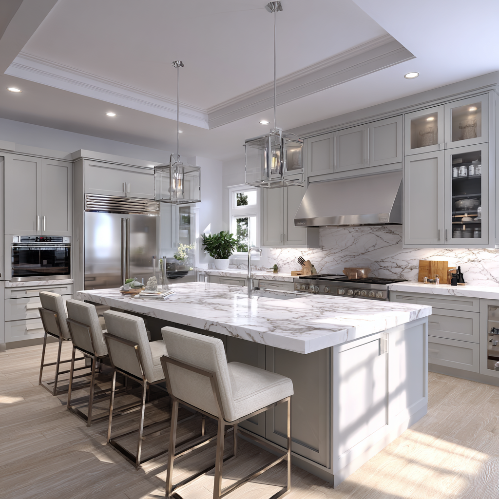 A bright Scandinavian kitchen featuring light wood, white countertops, and natural light, designed for simplicity and functionality in a Secret Garden Place.
